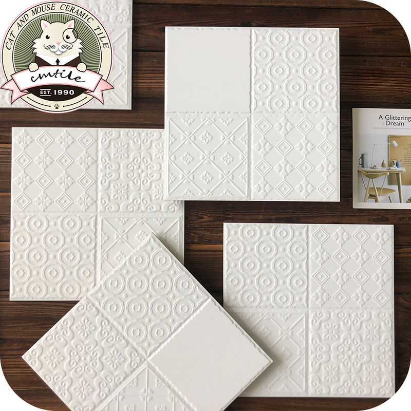 Nordic white relief tiles Glazed bread tiles Powder room Kitchen balcony Bathroom background wall tiles