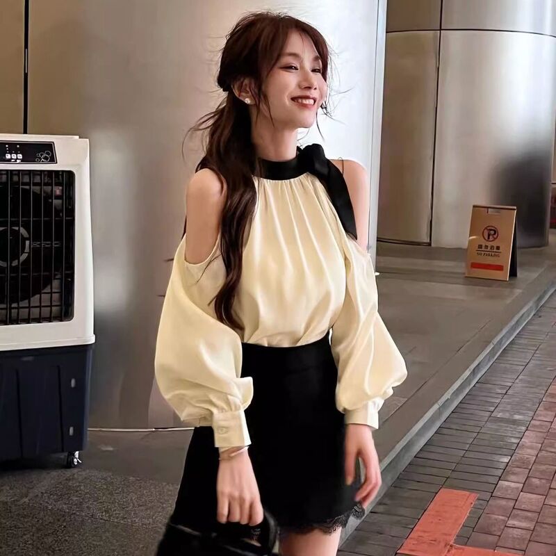 Early Autumn Lace-Up Satin Off-Shoulder Blouse for Women, 2026 New Style, High-End and Elegant, Fashionable and Versatile Top Early Autumn Lace-Up Satin Off-Shoulder Blouse for Women, 2026 New Style, High-End and Elegant, Fashionable and Versatile Top