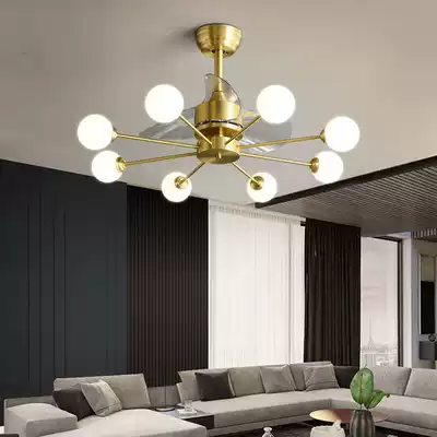 Nordic all copper variable frequency ceiling fan lamp Ceiling fan lamp Modern simple living room dining room household wrought iron chandelier with electric fan