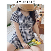One-piece Swimsuit Ladies Dress Short Sleeve Plaid Fashion Cover Slim Conservative Bubble Spa 2021 New Swimming Dress