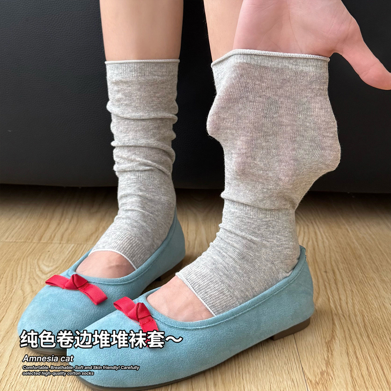 Gray Rolled-Edge Slouch Socks for Women, Ballet-Style Mid-Calf Socks, Thin Summer Style, Miu-Style Footless Socks to Match with Small Leather Shoes Gray Rolled-Edge Slouch Socks for Women, Ballet-Style Mid-Calf Socks, Thin Summer Style, Miu-Style Footless Socks to Match with Small Leather Shoes