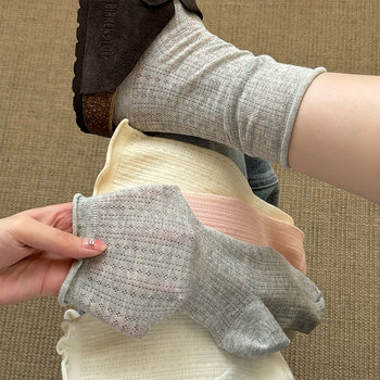 Gray Socks for Women, Pure Cotton Mid-Calf Socks, Thin Summer Style, Trendy Japanese Hollow Mesh Rolled Edge Slouch Socks for Summer