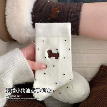 Polka Dot Wool Socks for Women, Mid-Calf Socks for Autumn and Winter, Thickened and Warm Cashmere Slouch Socks, Suitable for Birkenstock Shoes, Winter Long Socks