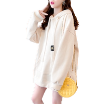 Waffle hooded mid-length velvet sweatshirt for women 2022 autumn and winter new Korean style loose large size butt-covering top