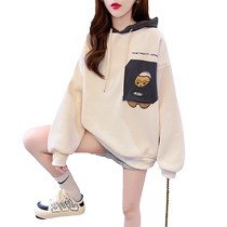Colorblock hooded waffle velvet thickened sweatshirt for women autumn and winter new Korean style loose lazy style top jacket