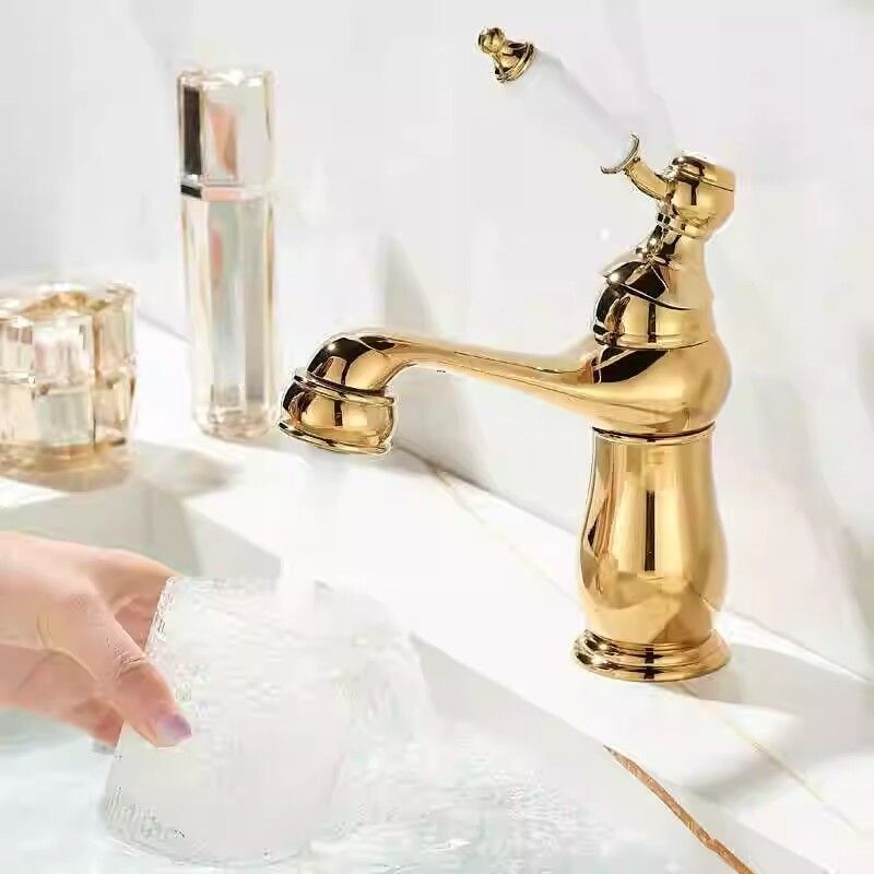 Retro Faucet, All-Copper, Hot and Cold, Antique-Style Under-Counter Basin Faucet, Bathroom Classic Golden Ceramic Vintage Faucet