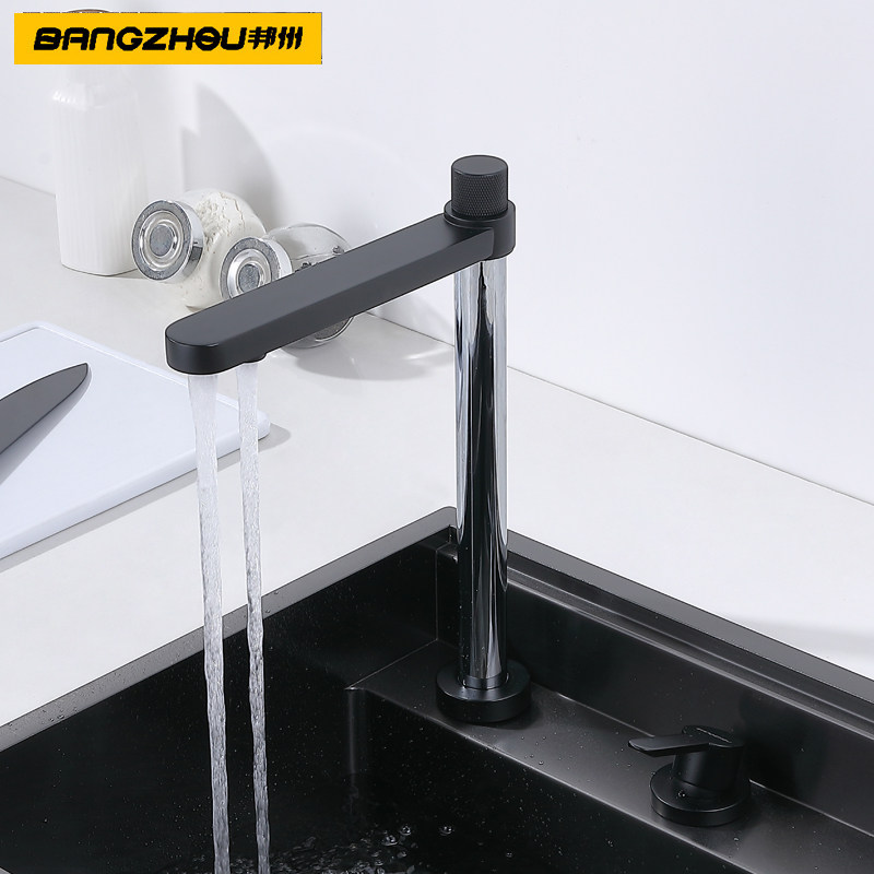 Hidden black inner opening window lift faucet folding pull-out cold and hot water purification water three-in-one faucet