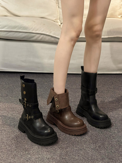 英伦风马丁靴女款2025新款春秋单靴复古女鞋中筒靴子厚底黑色短靴