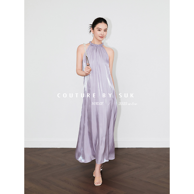 Suk Exquisite Floral Design! Summer Handmade Floral Collar Heavy Embroidery Flowing Long Dress French Halter Neck Long Dress for Women