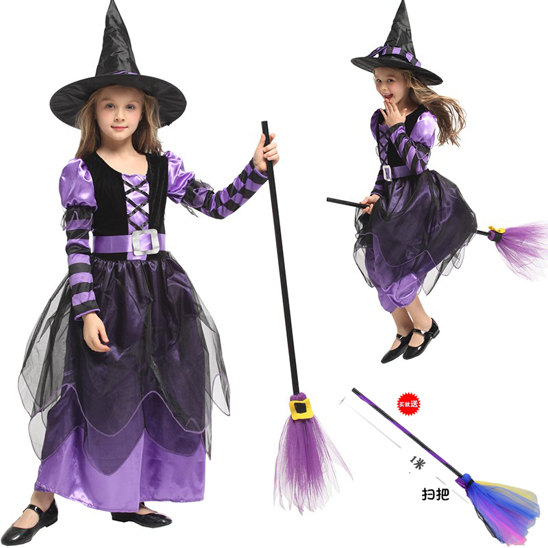 Halloween cosplay Costume Children Christmas Magic Witch Long Dress Children Stage Performance Witch Dress
