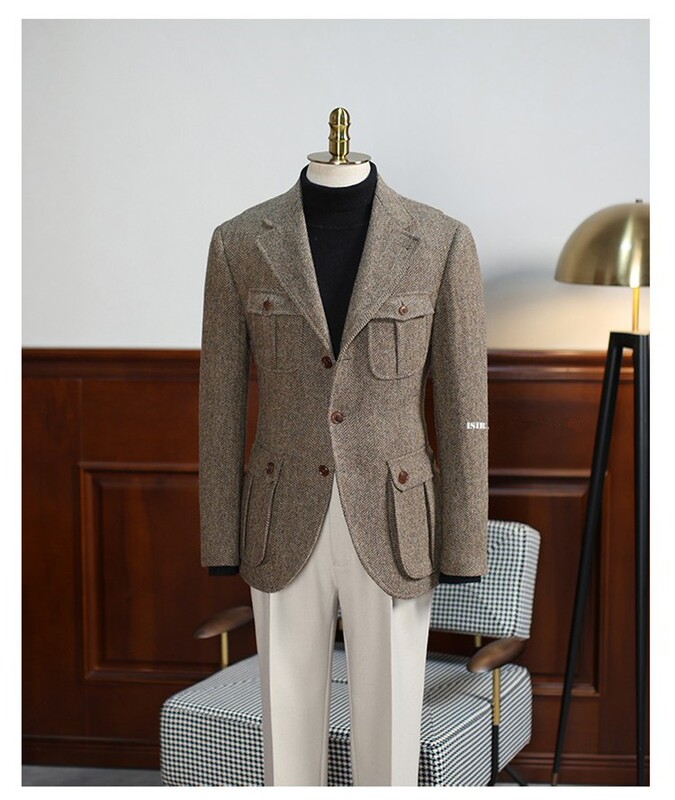 Retro Business Hunting Tweed Casual Workwear Plus-Size Woolen Casual Multi-Pocket Men's Slim-Fit Blazer