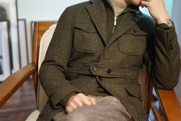 Men Vintage Tweed Wool Safari Jacket Herringbone Hunting Coat
