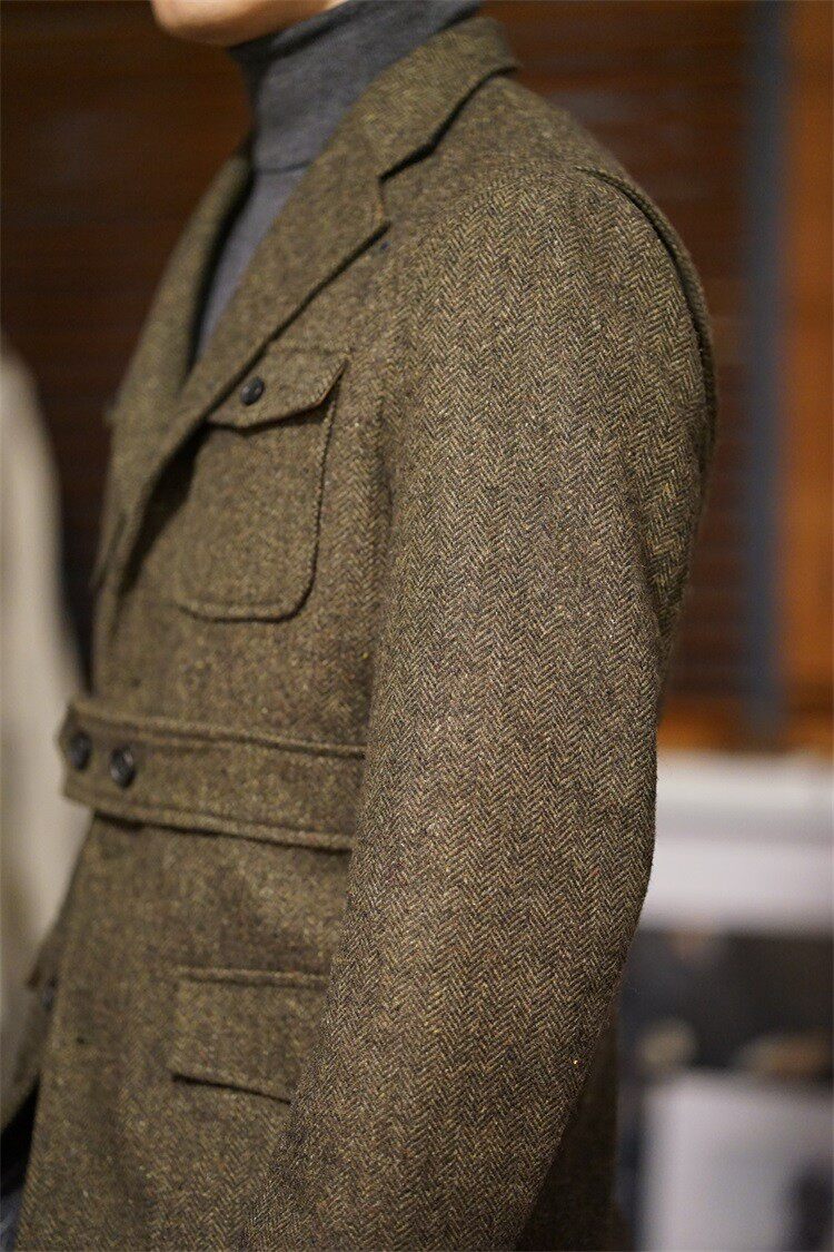 Men Vintage Tweed Wool Safari Jacket Herringbone Hunting Coat