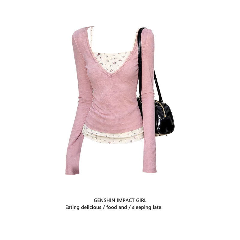 American-Style Spicy Girl Lace V-Neck Faux Two-Piece Floral Long-Sleeve T-Shirt for Women, Spring Design, Niche Slim-Fit Top