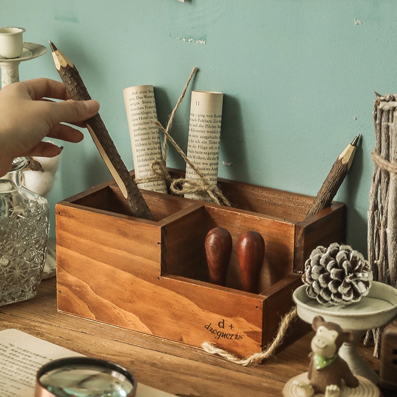 Desk pen holder ornament school supplies storage box multifunctional student desk on vintage brush barrel pen can