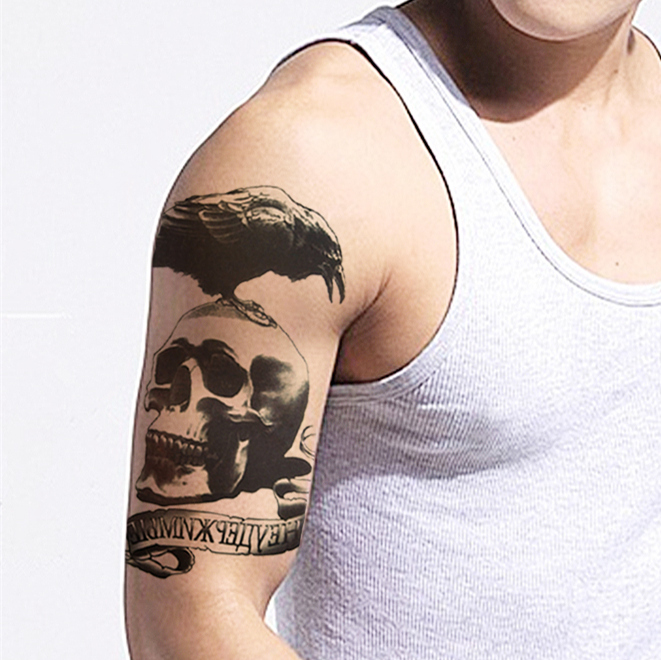 Tattoo Sticker Waterproof Male Durable Flower Arms Ins Wind not permanent 1 year Dark Black Skull Skull Calf Arm Emulation Gill