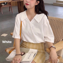 French shirt female design sense niche summer thin doll shirt shirt top Korean White V collar short sleeve shirt tide