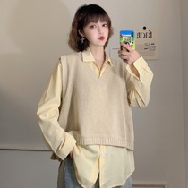 Literary style set women age reduction spring 2021 New Light cooked shirt knitted vest fashion two-piece Foreign Air tide