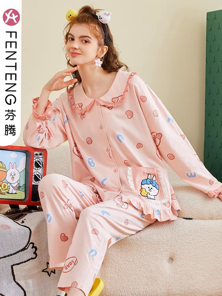Fenton pajamas female spring and autumn pure cotton long sleeve two pieces of 100 % cotton Korean version new girl home clothing autumn winter