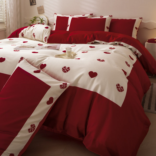 Cute Rabbit Wedding Sheets and Quilt Covers Single Piece Red Girly Heart High-End Wedding Room Four-piece New Wedding Quilt Cover