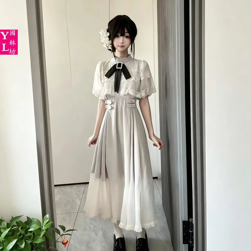 Lolita Lulolita Japanese Style Summer Women's Cape Lace Trim Short-Sleeve Dress Slim Mesh Silk Long Dress