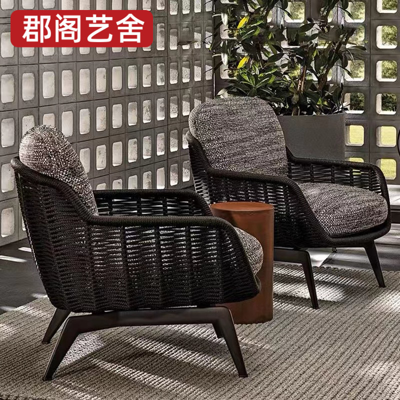 北欧户外沙发别墅酒店庭院藤编椅设计师花园露台休闲室外柚木家具