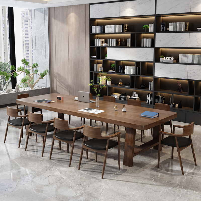 Full solid wood meeting table long table retro rectangular table office table and chairs combined simple and modern large bench