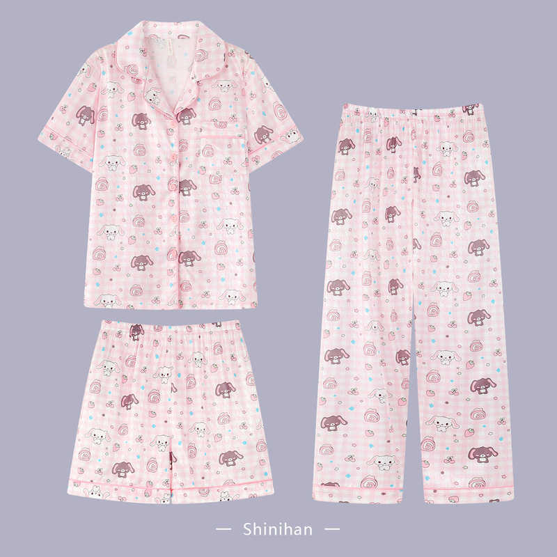 Plaid Dessert Rabbit Ice Silk Pajamas Women's 2026 New Summer Short Sleeve Long Pants Three-Piece Set Cute Homewear