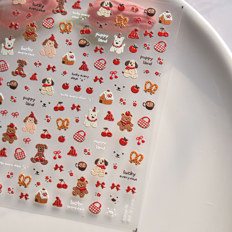 Cartoon New Cherry Puppy Embossed Nail Stickers 3D Bear Bow DIY Water Cup Tablet Nail Stickers