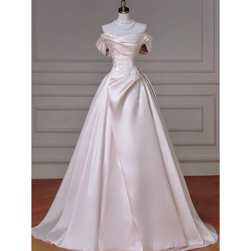 French Satin Pink Hostess Dress, Main Wedding Dress, Bride's High-End Strapless Dress, Runaway Princess Coming-Of-Age Ceremony, Small Train