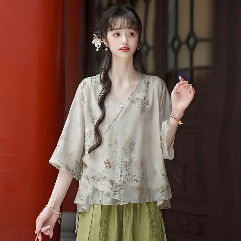 New Chinese-Style Seven-Quarter Sleeve Chiffon Shirt for Women, Summer 2026 New Zen Tea Clothing, Tang Suit, Hanfu Top