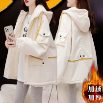 Pregnant woman winter fashion Korean style hooded sweatshirt 2023 winter new style plus velvet thickened lamb wool maternity jacket