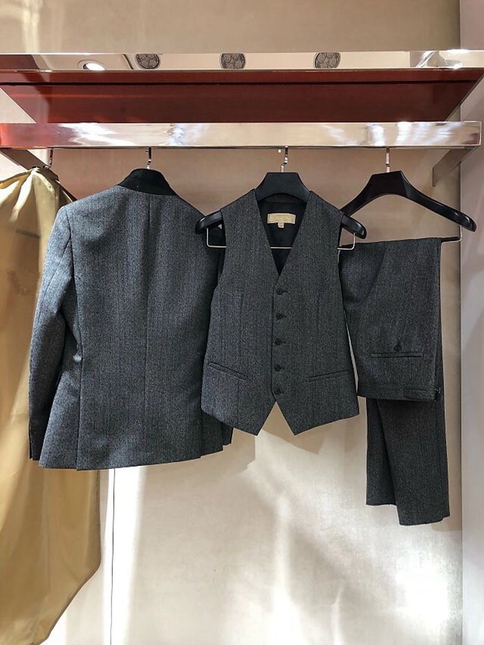 Mùa thu và mùa đông nam len Anh tweed slim suit ba mảnh phù hợp với châu Âu và Vương quốc Anh áo vest nam trung niên