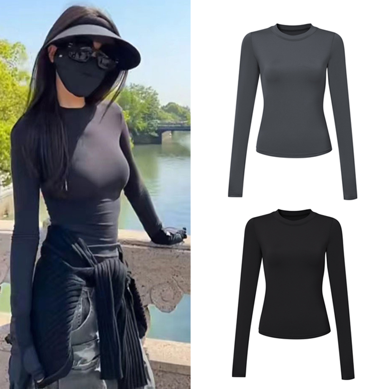Niche Ultra-Elastic New Ice Silk Tight-Fitting Sun-Protective Long-Sleeve Base Layer T-Shirt for Women, Black Slimming Inner Top Shapewear