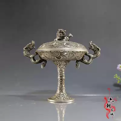Hot selling antique bronze collection antique white copper silver-plated incense burner home office decoration Double Dragon ear incense burner