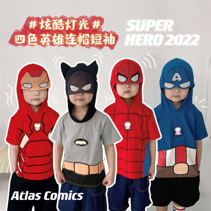 Summer Kidsren's Light-Up Captain America and Iron Man Hooded Sweatshirt, Marvel Heroes League Mask Short-Sleeved T-Shirt for Young Kidsren