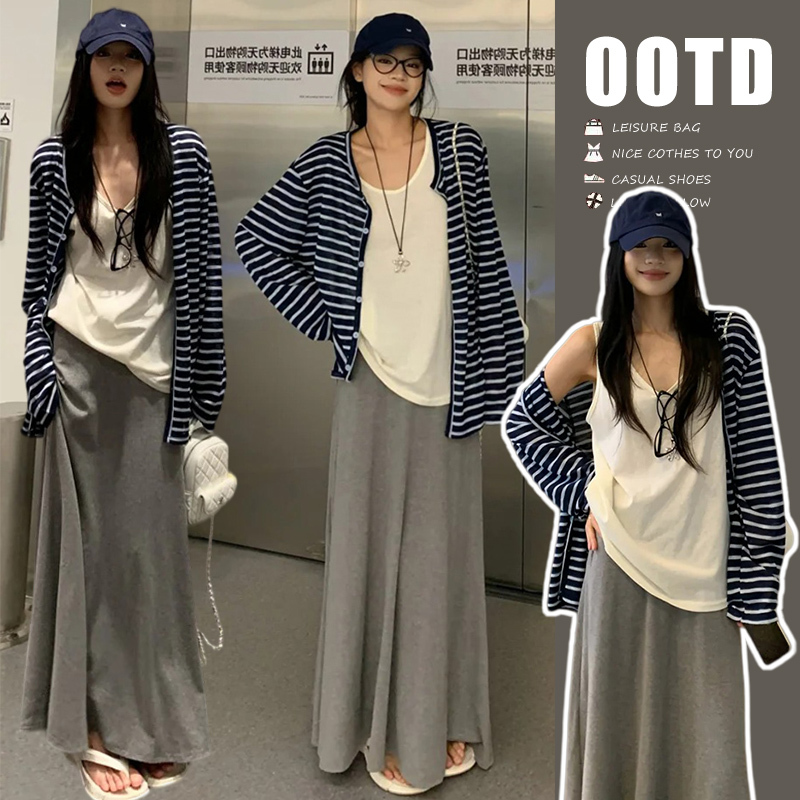 Maternity Wear Spring and Summer Suit 2026 New Style Lazy Style Stripesd Cardigan Jacket Vest Skirt Three-Piece Set for Women