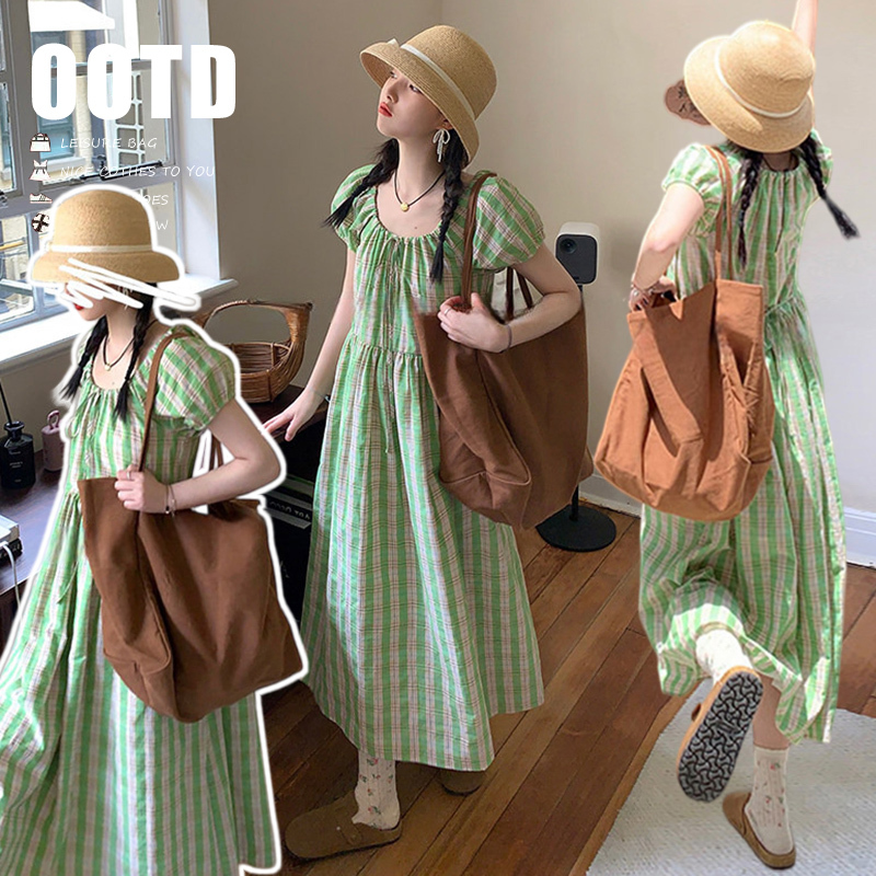 Maternity Summer Dress 2026 New Style French Japanese Style Honeydew Green Plaid Drawstring Tie Dress for Women
