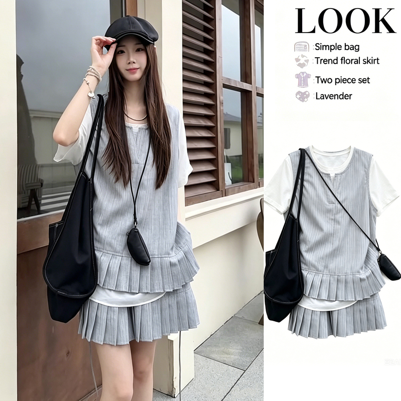 Maternity Wear Summer Suit, a Complete Set of High-End Maternity Wear, Fake Two-Piece Short-Sleeved Top and Short Skirt, Stylish Two-Piece Set