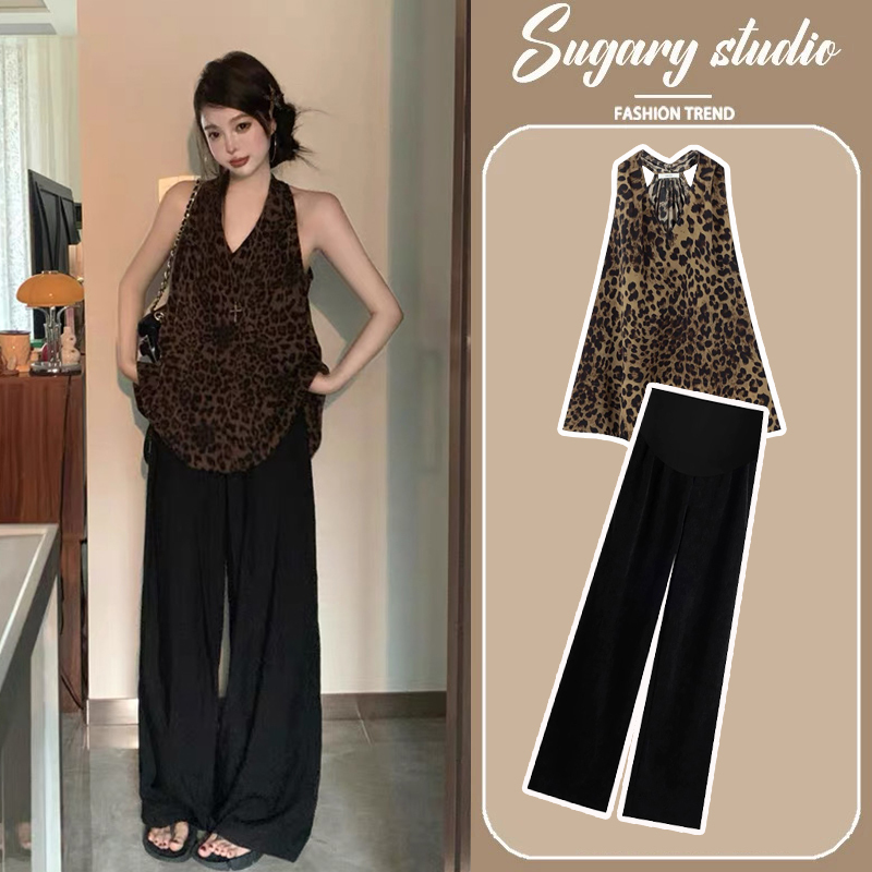 Maternity Summer Outfit, Stylish Leopard Print Halter Top and Wide-Leg Pants Two-Piece Set for Women during Pregnancy Maternity Summer Outfit, Stylish Leopard Print Halter Top and Wide-Leg Pants Two-Piece Set for Women during Pregnancy