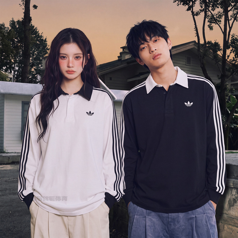 Adidas Adidas Clover Casual Loose Long-Sleeved Men's and Women's Autumn Black and White Polo Shirt Ke3575 Adidas Adidas Clover Casual Loose Long-Sleeved Men's and Women's Autumn Black and White Polo Shirt Ke3575
