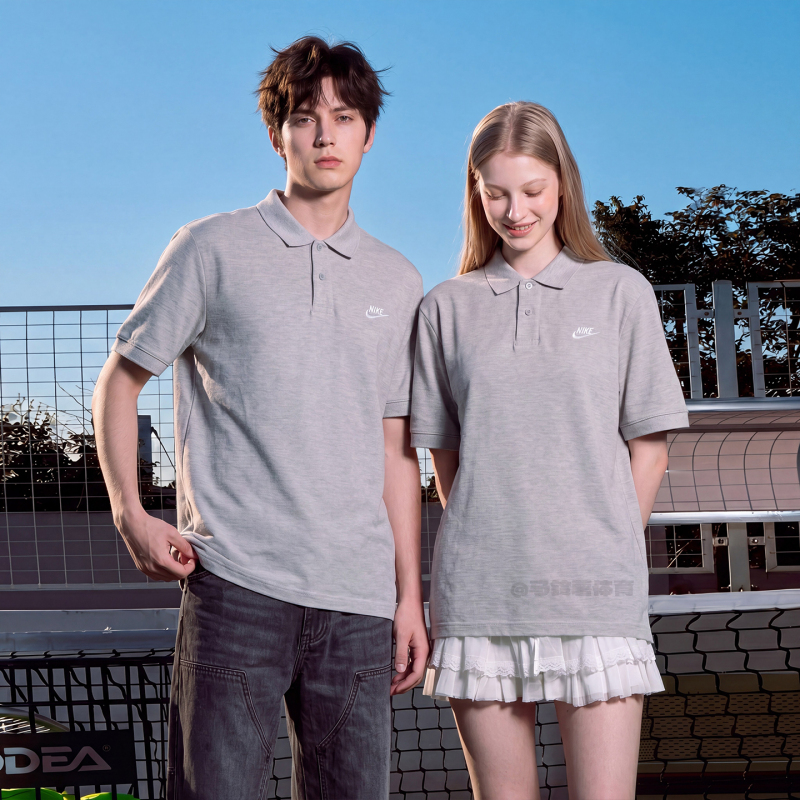 Nike Polo Knit Sweater, Versatile and Stylish Short-Sleeve T-Shirt, Gray, Unisex Couple Style