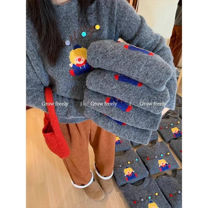 Gray Soft Round-Neck Pullover Sweater for Women, Autumn and Winter 2024 New Style, Loose and Lazy Style, Petite Knit Top