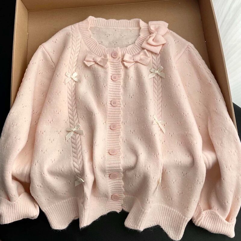 Sweet Style Bow-Knot Knitted Cardigan for Women, Round Neck Pink Sweater Jacket, College Style Age-Reducing Top, Knitted Sweater