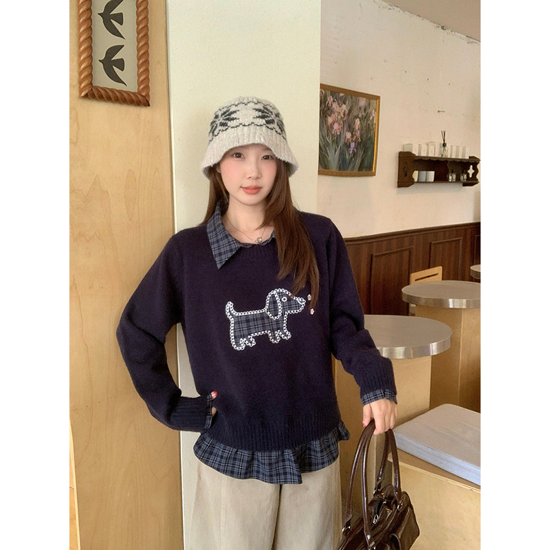 Elk Girl 2026 Autumn/Winter New Collection: Plus-Size Women's Korean-Style Plaid Shirt with Faux Two-Piece Design and Appliqued Puppy Pattern Elk Girl 2026 Autumn/Winter New Collection: Plus-Size Women's Korean-Style Plaid Shirt with Faux Two-Piece Design and Appliqued Puppy Pattern