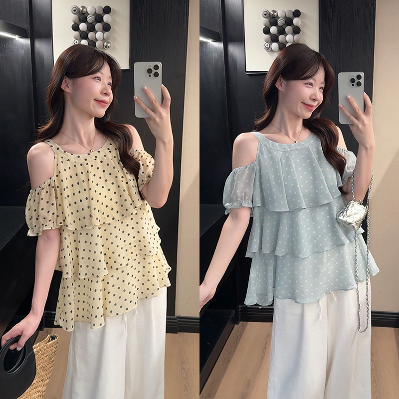 Elk Girl Plus Size Women's Clothing 2026 New Korean Style Sweet Polka Dot Off-Shoulder Layered Short Sleeve Chiffon Top