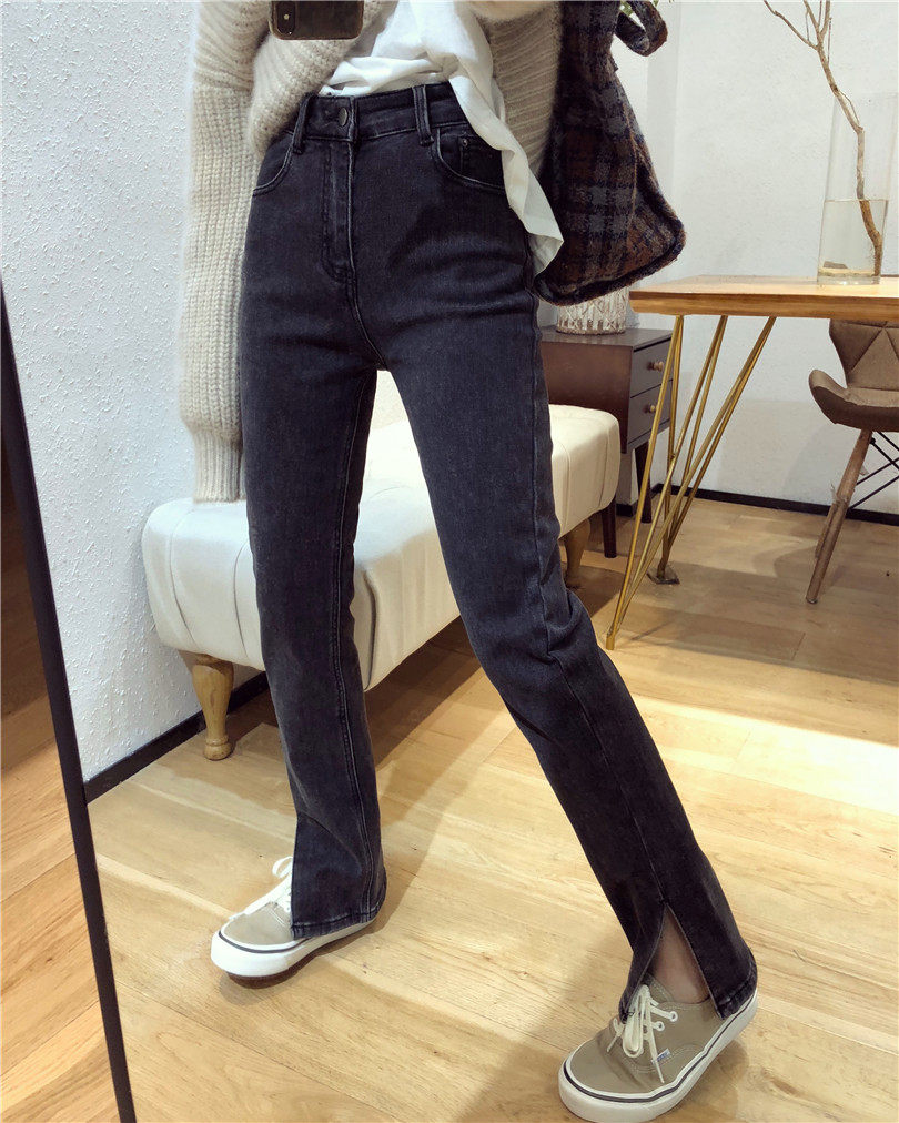 Slit jeans women's straight loose 2021 spring new high-waisted slim nine-point wide-leg mopping cigarette pants