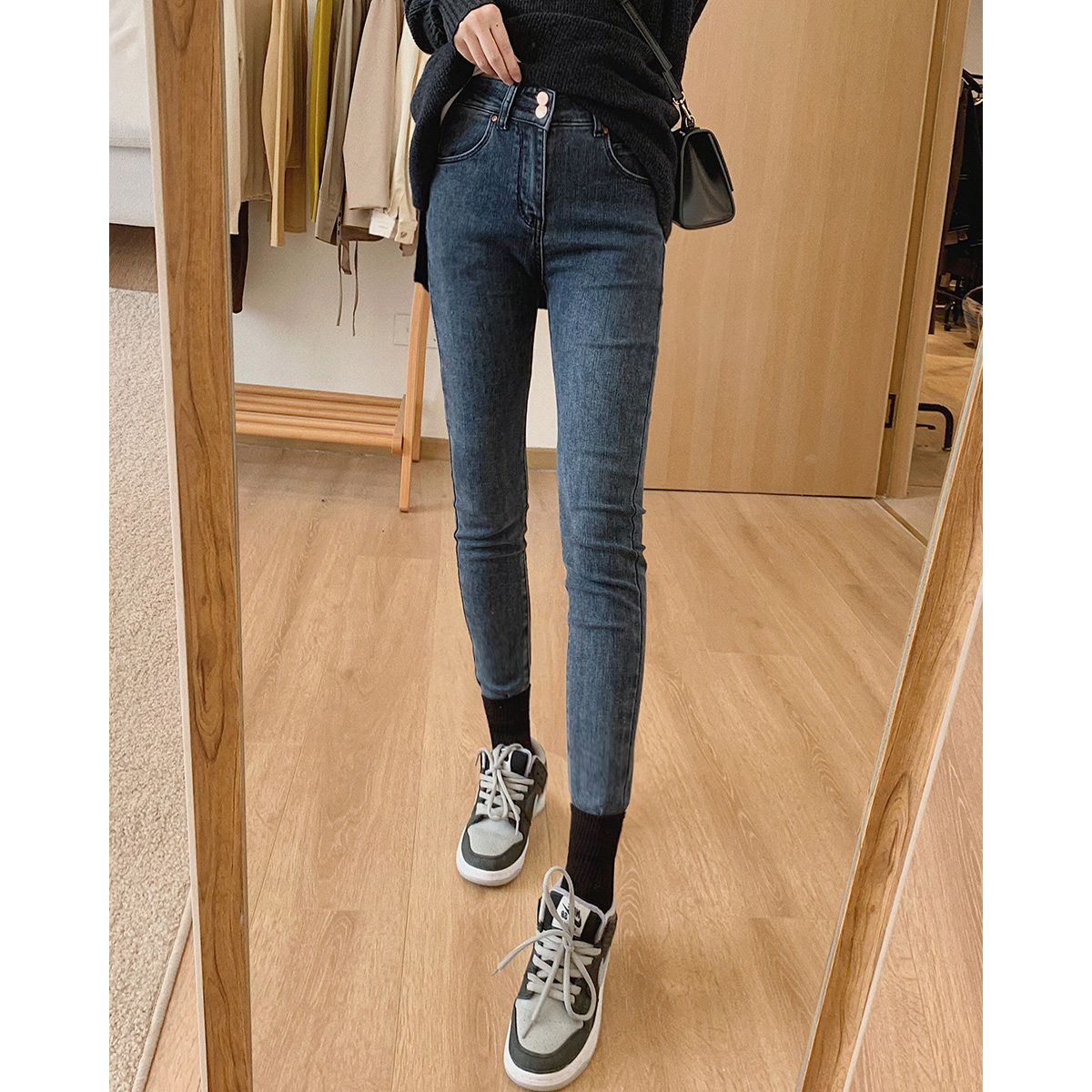 Retro blue denim cigarette pants women's high waist and thin spring 2021 small elastic tight-fitting nine-point pencil pants