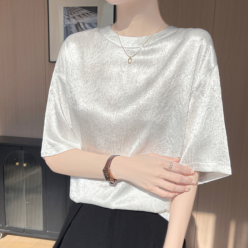 Silk Five-Quarter Sleeve Top, Half-Sleeve T-Shirt with a Textured Feel, Summer Satin Acetate Jacquard, Loose Fit, Covers the Body, for Women