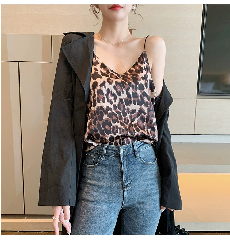 Leopard in áo yếm nhỏ của phụ nữ mùa hè mặc áo sơ mi đáy ngắn không tay phối đồ sexy low-cut top hợp thời trang - Áo ba lỗ